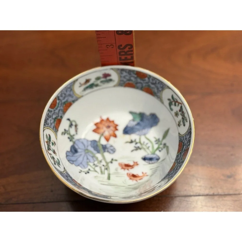 Vintage Chinese Macau Style Porcelian Bowl Koi Fish & Lotus Pond Hand Decorated